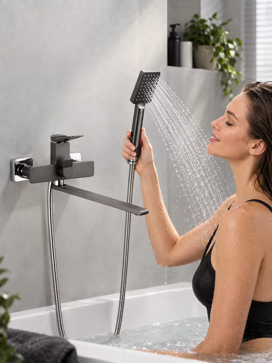 Смеситель для ванны и душа с лейкой и шлангом Hansen HL22099-P графит — фото 7