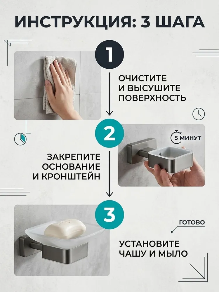 Мыльница настенная, стеклянная, квадратная от бренда Ganzer GZ88020-Q графит — фото 3