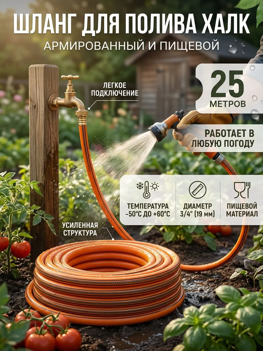 Шланг поливочный пищевой 3/4 25 метр Халк оранжевый — фото 4