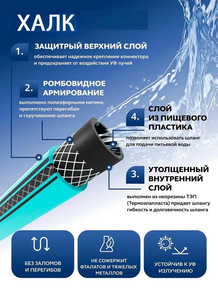 Шланг поливочный пищевой 1/2 50 метр Халк бирюзовый — фото 4